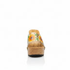 A single wooden wedge sandal with a carved natural wood platform and heel, featuring a clear strap decorated with a painted yellow sunflower and green leaves, set against a plain white background.