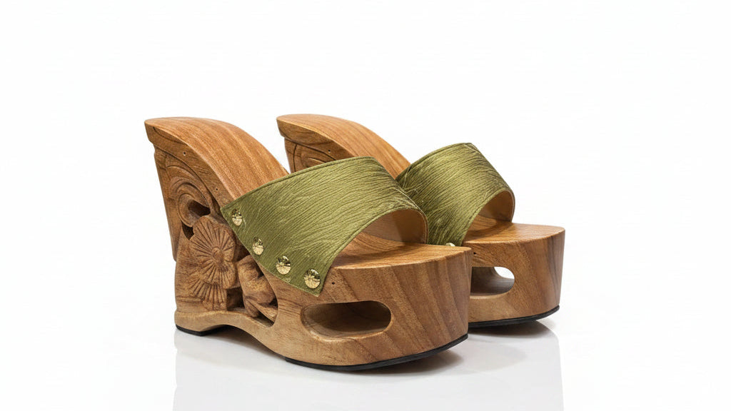A pair of women's wedge sandals featuring carved natural wood platforms and heels with olive green woven straps, shown on a plain white background.